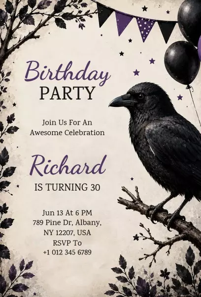 Elegant Raven Themed 30th Birthday Celebration Invitation Template