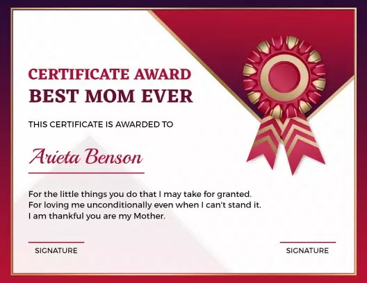 Elegant Red and Gold Best Mom Award Certificate Template