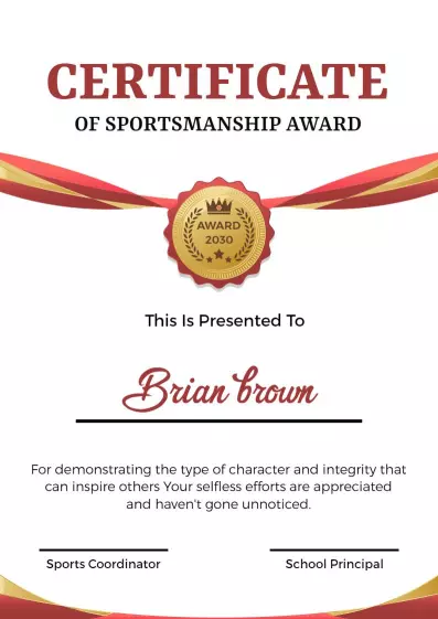 Elegant Red and Gold Sportsmanship Award Certificate Template