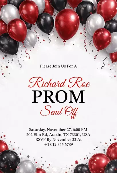 Elegant Red and Silver Balloon Prom Send Off Invitation Template