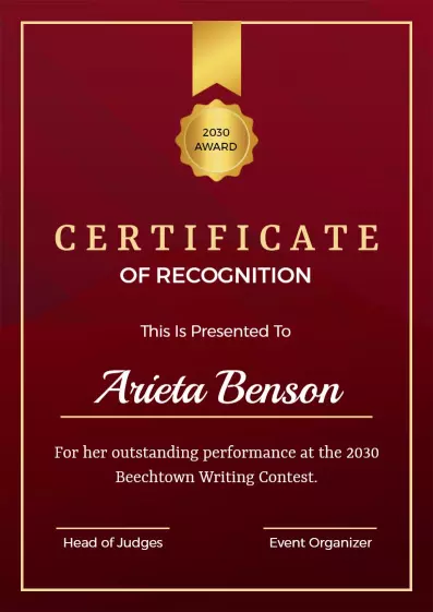 Elegant Red Award Recognition for Writing Contest Certificate Template