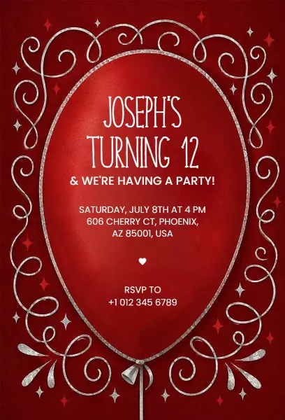 Elegant Red Balloon 12th Birthday Celebration Invitation Template