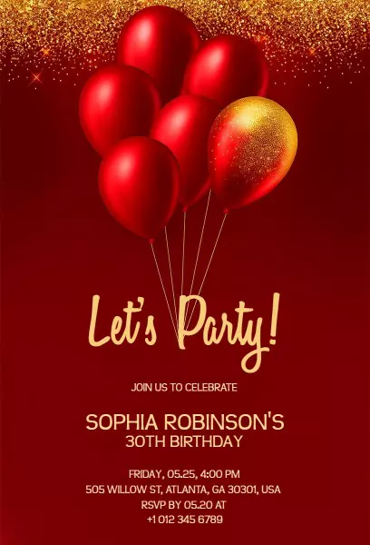 Elegant Red Balloon 30th Birthday Party Invitation Template