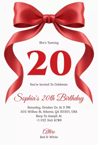 Elegant Red Bow 20th Birthday Celebration Invitation Template