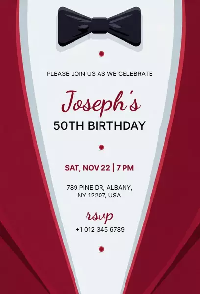 Elegant Red Bowtie 50th Birthday Celebration Invitation Template