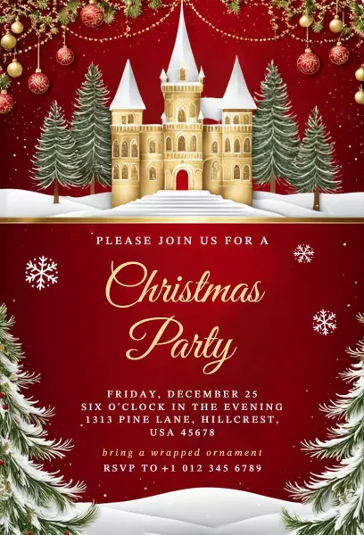 Elegant Red Castle Christmas Party Celebration Invitation Template