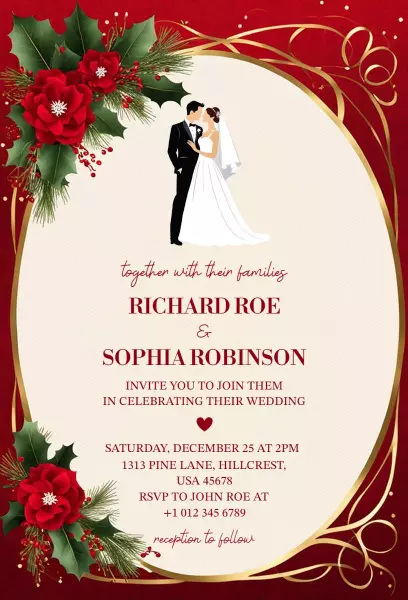 Elegant Red Floral Christmas Wedding Celebration Invitation Template