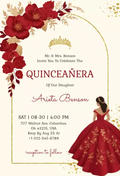 Elegant Red Floral Quinceanera Celebration Invitation Template