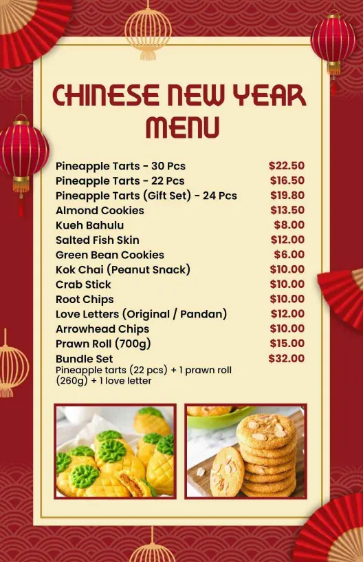 Elegant Red Gold Chinese New Year Snack Selection Menu Template