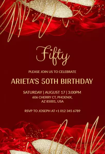 Elegant Red Gold Fifty Birthday Celebration Invitation Template