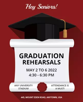 Elegant Red Graduation Rehearsal Announcement Poster Template