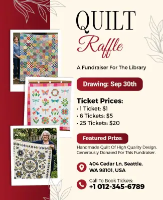 Elegant Red Library Quilt Raffle Fundraiser Flyer Template
