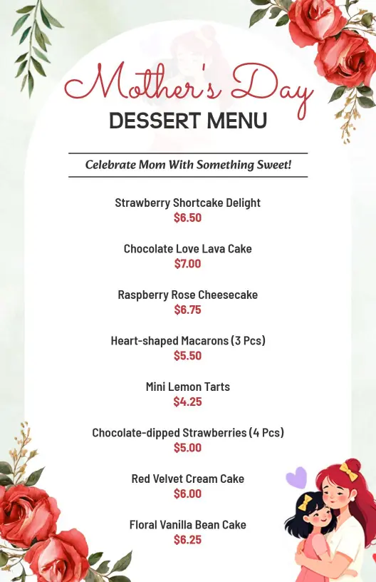 Elegant Red Rose Themed Mother's Day Dessert Menu Template
