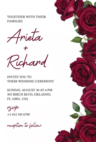 Elegant Red Rose Wedding Ceremony Invitation Template