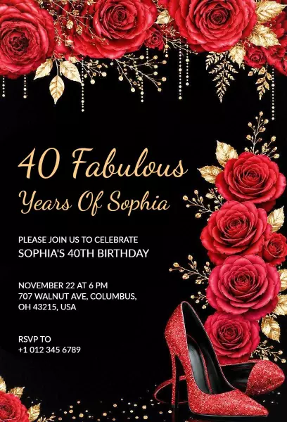 Elegant Red Roses 40th Birthday Celebration Invitation Template