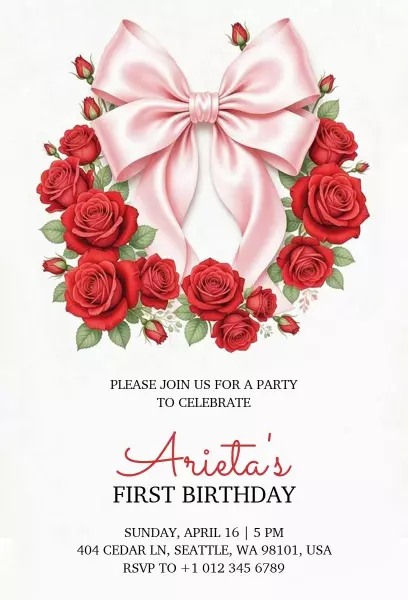 Elegant Red Roses Bow First Birthday Celebration Invitation Template
