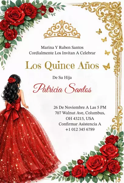 Elegant Red Roses Quinceanera Celebration Invitation Template