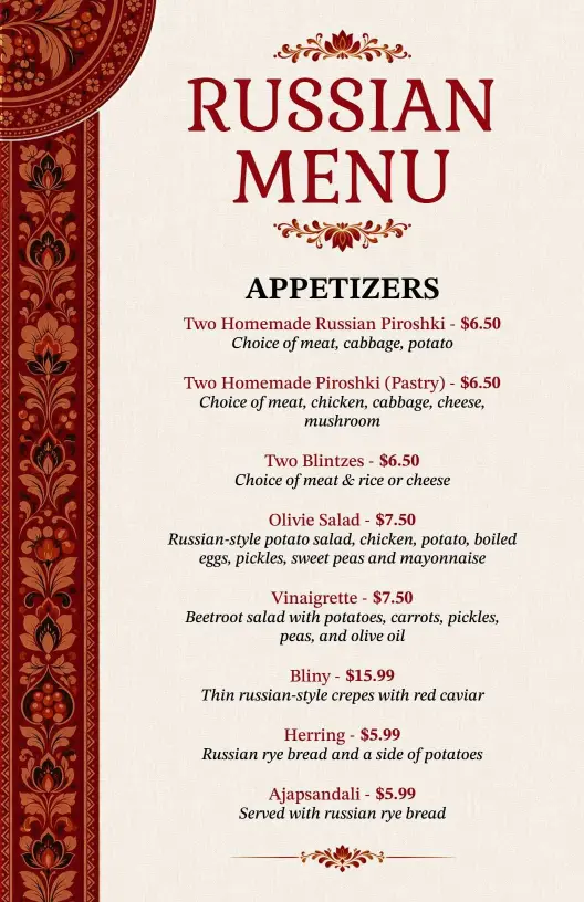 Elegant Red Themed Russian Dining Experience Menu Template