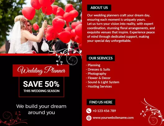 Elegant Red Wedding Planner Services and Discount Brochure Template