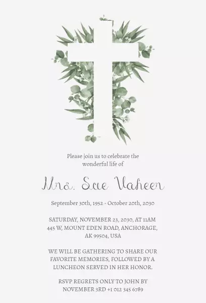 Elegant Religious Cross Memorial Tribute Funeral Invitation Template