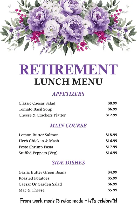 Elegant Retirement Celebration with Tasty Dishes Lunch Menu Template