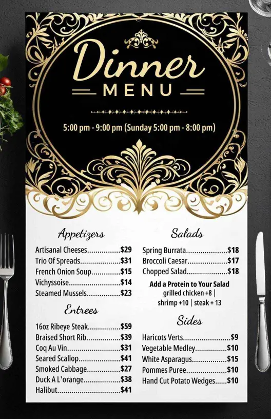 Elegant Ribeye Steak and Seasonal Sides Dinner Menu Template