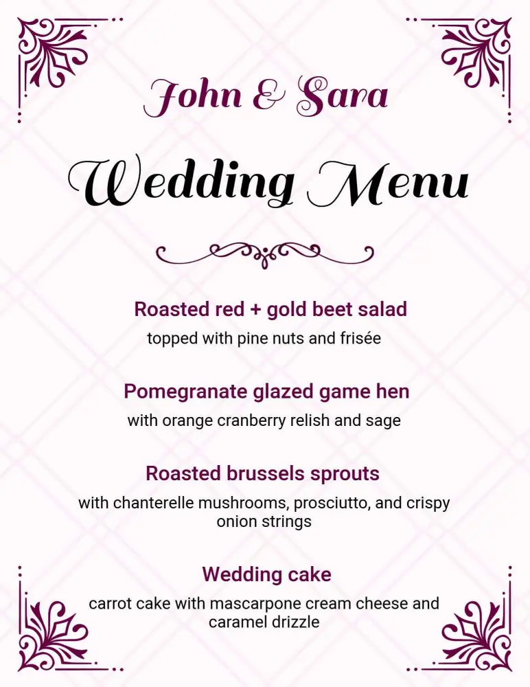 Elegant Roasted Beet Salad and Game Hen Specialties Wedding Menu Template
