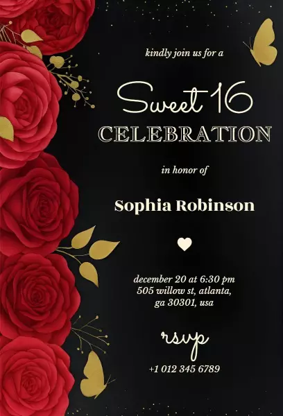 Elegant Rose Black Sweet 16 Birthday Celebration Invitation Template
