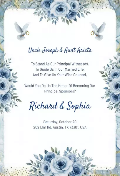 Elegant Rose Blue Floral Wedding Ceremony Invitation Template