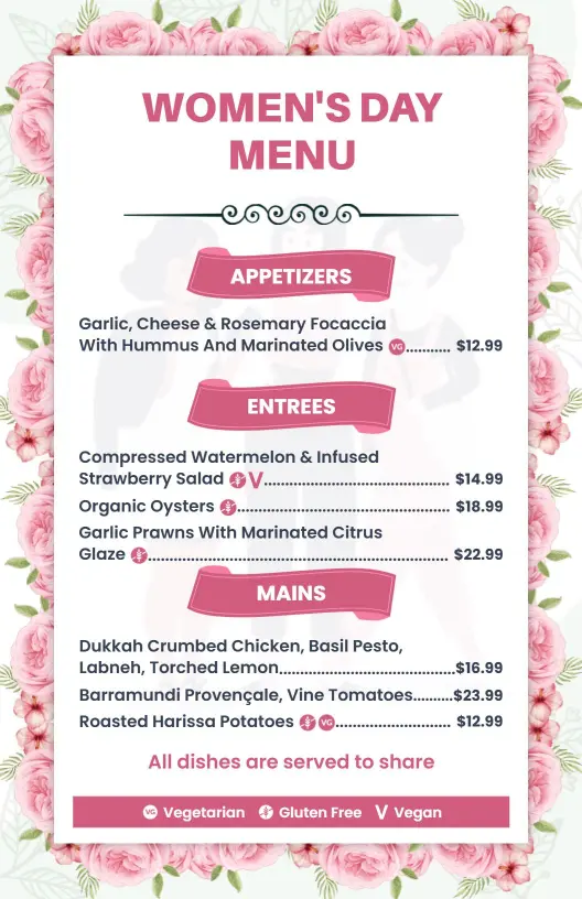 Elegant Rose Border Design for Women's Day Celebration Menu Template