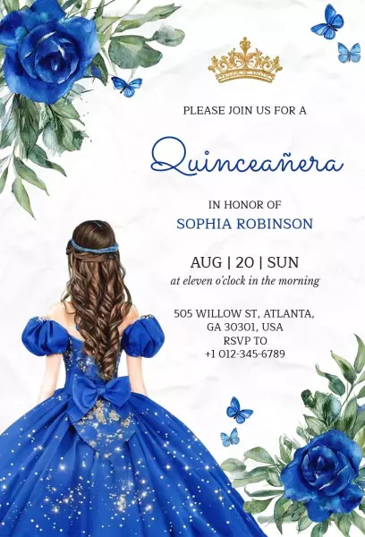 Elegant Royal Blue Floral Quinceanera Celebration Invitation Template
