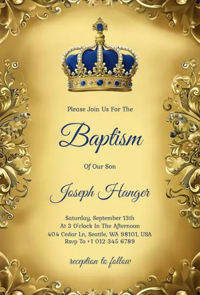 Elegant Royal Gold Crown Baptism Celebration Invitation Template