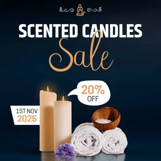 Elegant Scented Candles Sale with Towels and Discounts Ad Template