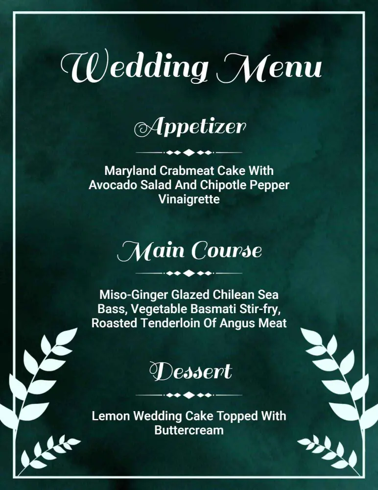Elegant Seafood and Tender Meat Dishes for Your Wedding Menu Template