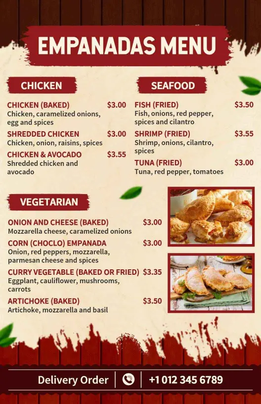 Elegant Seafood and Vegetarian Empanadas Offer Menu Template