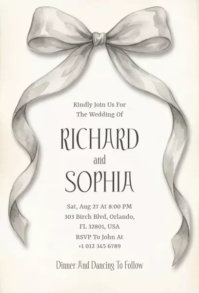Elegant Silver Bow Wedding Ceremony Invitation Template