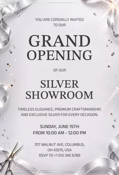 Elegant Silver Showroom Grand Opening Invitation Template