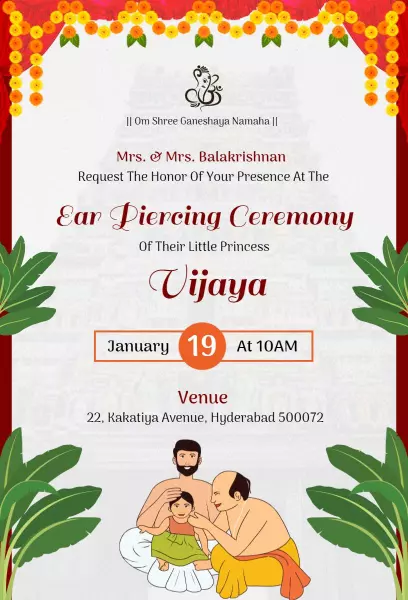 Elegant South Indian Ear Piercing Ceremony Invitation Template