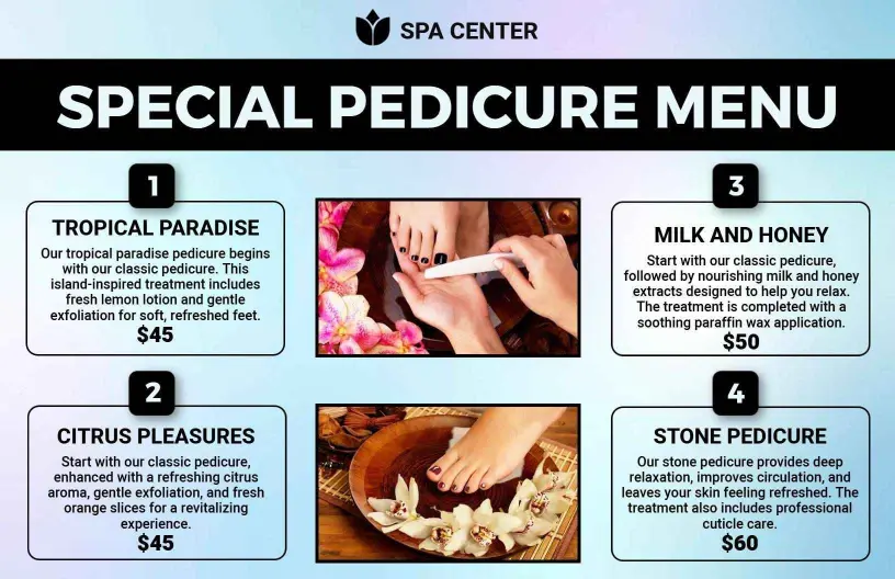 Elegant Spa Special Pedicure Service Options Menu Template