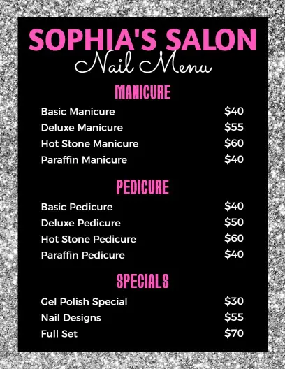 Elegant Sparkling Silver and Black Nail Service Menu Template