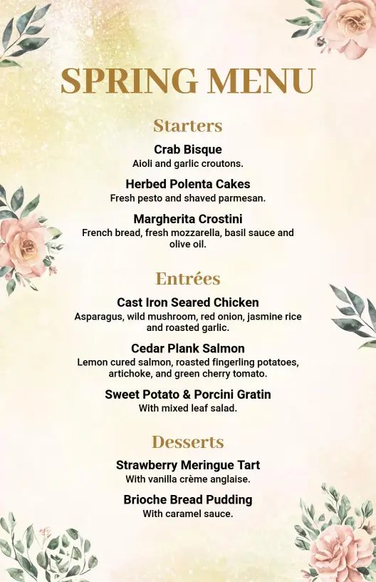 Elegant Spring Starters and Desserts Featuring Seasonal Menu Template