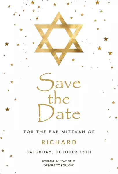 Elegant Starry Gold Bar Mitzvah Save The Date Invitation Template
