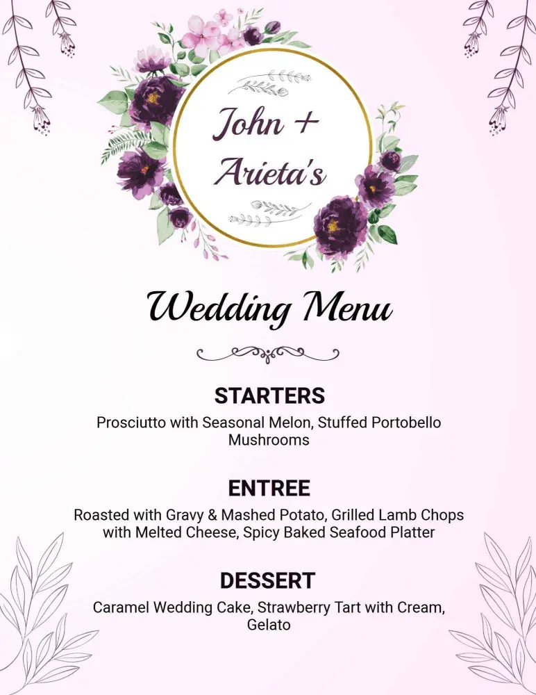 Elegant Starters and Delectable Desserts for Your Wedding Menu Template
