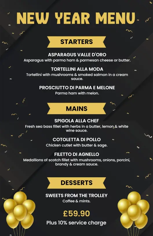 Elegant Starters and Mains with Decadent Desserts New Year Menu Template