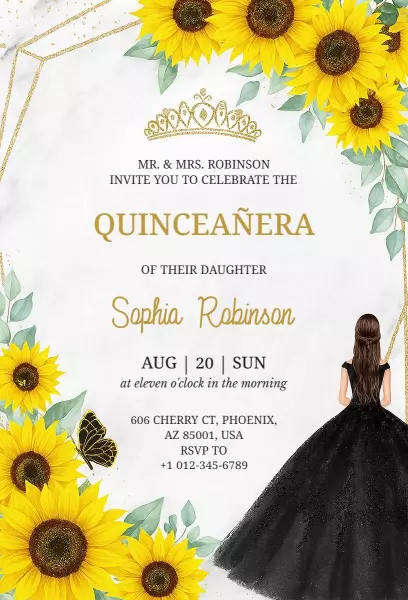 Elegant Sunflower Black Dress Quinceanera Invitation Template