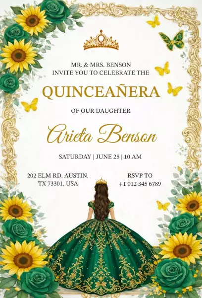 Elegant Sunflower Green Quinceanera Celebration Invitation Template