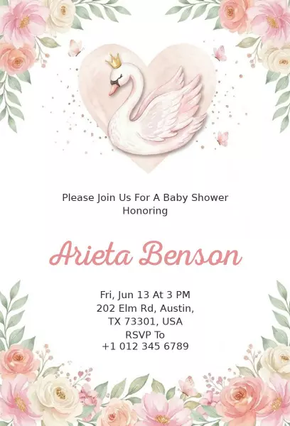 Elegant Swan Theme Floral Baby Shower Invitation Template