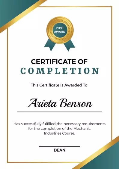 Elegant Teal and Gold Mechanic Industries Completion Certificate Template