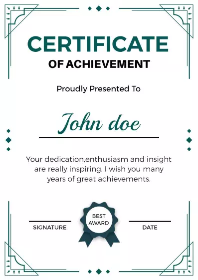 Elegant Teal Decorative Achievement Recognition Certificate Template