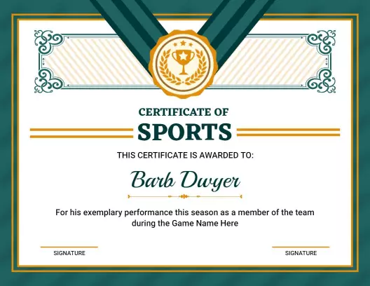 Elegant Teal Decorative Sports Achievement Certificate Template